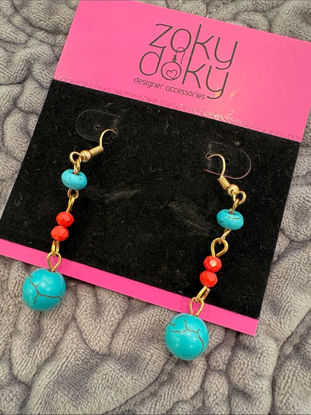 ZokyDoky Turquoise and Red Bead Drop Earrings with Gold Accents